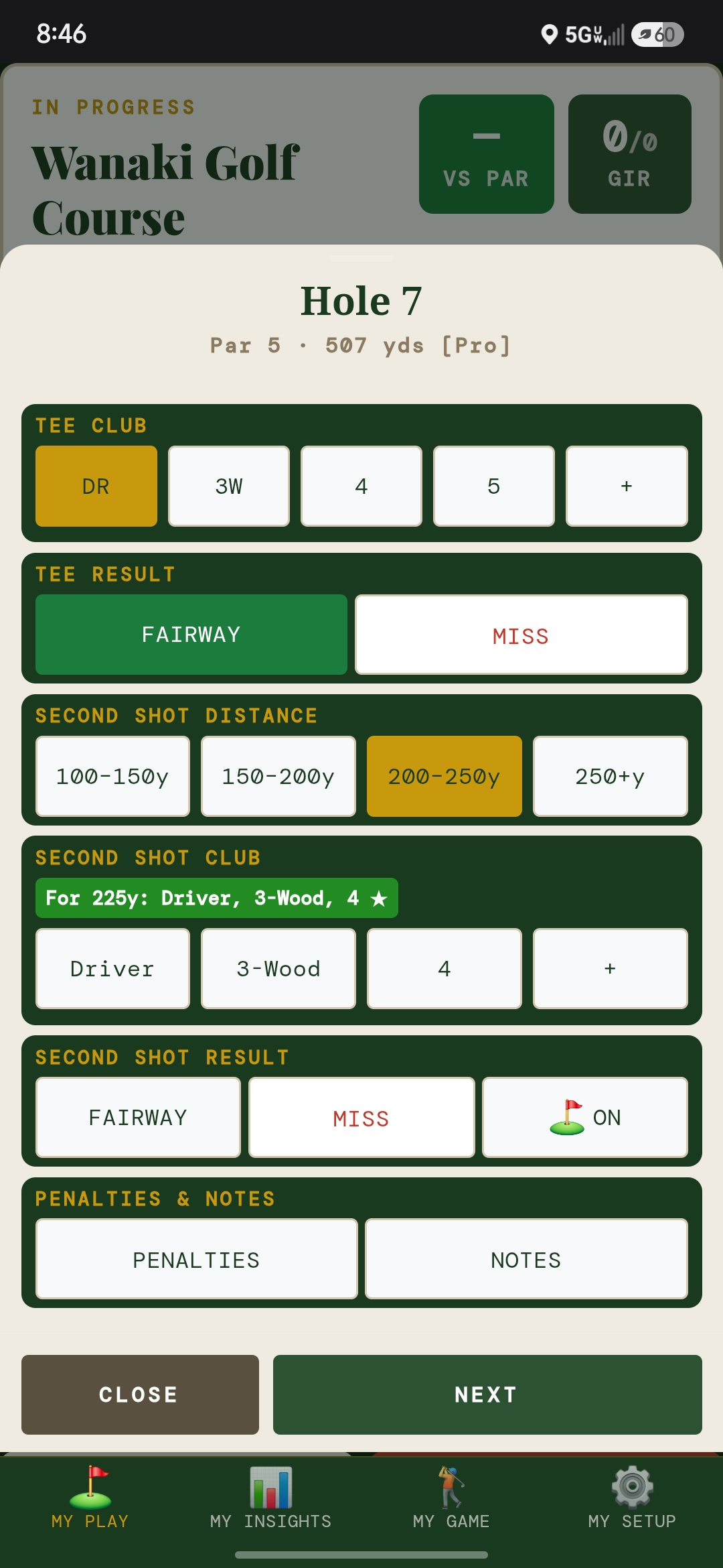 Par 5 scoring sheet — tee club, fairway result, second shot distance and club