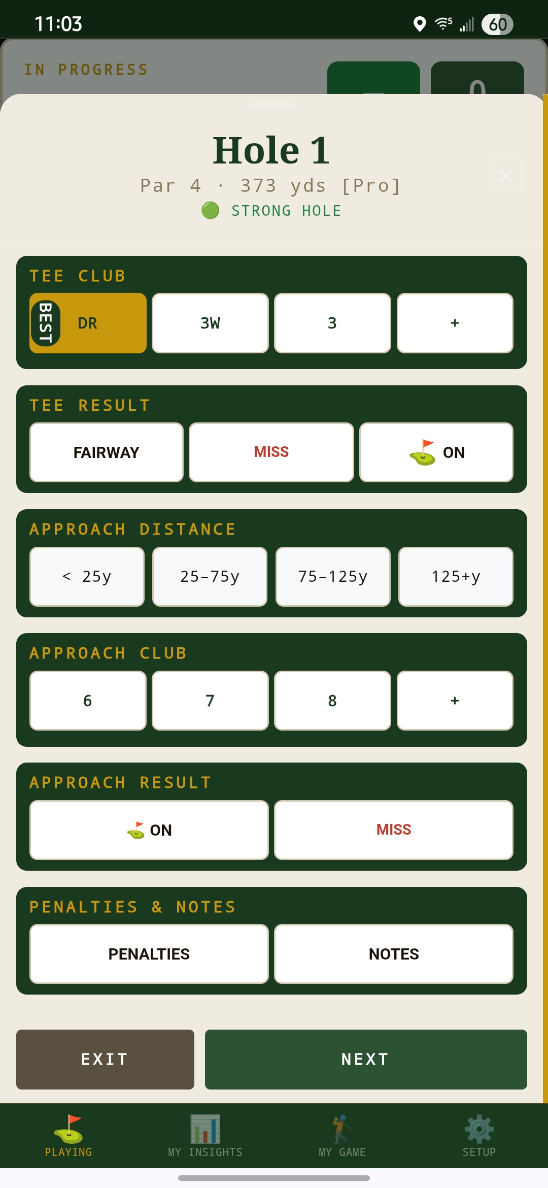 My Golf Insights — Scoring sheet entry
